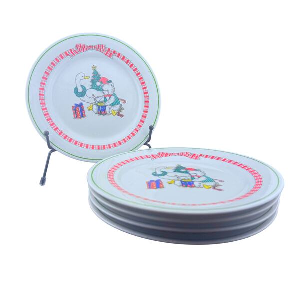 Set Of 5 Alco Industries China Christmas Plaid Pattern Plates ~ 7⅛" Bear, Goose - Picture 2 of 10